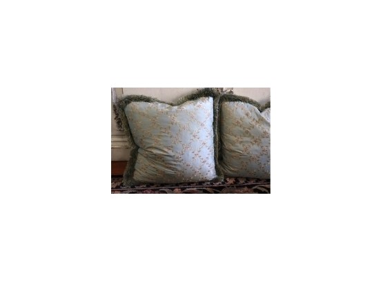 Set Of Quality Blue & Gold Decorative Pillows With Stitched Floral Leaf Pattern And Fringes