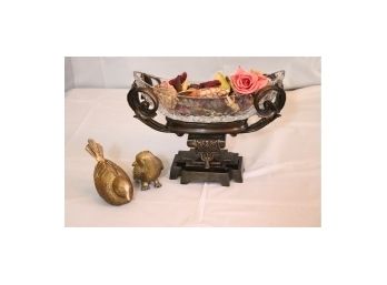 Pair Of Decorative Brass Birds & Decorative Bronze Finished Basket With Crystal Bowl Insert