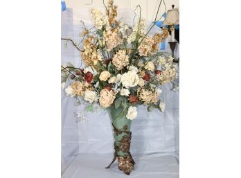Large Quality Floral Centerpiece With Bronze Colored Finish & Hummingbird Bird Detail