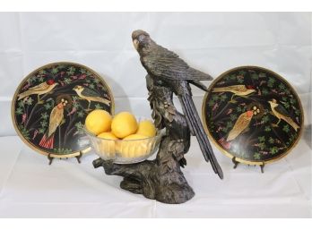 Parrot Fruit Bowl With Bronze Colored Finish & 2 Hand Painted Metal Plates With Bird & Floral Detail