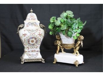 Asian Style Urn With Crackle Finish And Elephant Head Detail & Brass Cherub Planter With Crackle Finish