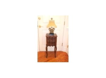 Chelsea House Designer Lamp With Asian Motif & Vintage Carved Wood Nightstand With Marble Top