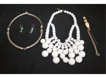 Fun Layered White Beaded Necklace, Hair Pin, Sterling Earrings With Stones, & Braided Necklace