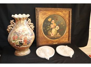 P. Du Bois Floral Still Life With Embossed Wall Plaques From England & Hand Painted Asian Vase
