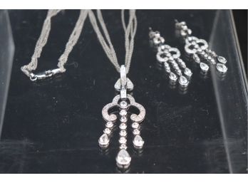 Beautiful Sterling Necklace With Sparkling Pendant Includes Matching Earrings