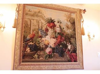 Large Floral Tapestry With Animals Design & TAL Crest In Lower Corner