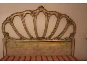 Vintage 70s Style Patina Mounted Queen Headboard With Carved Floral Detail