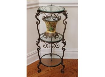 Ornate 3 Tier Metal Stand With Beveled Glass Shelves & Asian Floral Vase With Brass Base And Rim