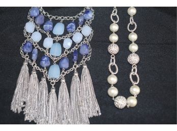 Fun Sparkle Beaded Necklace & Blue Beaded Necklace With Chain Link Tassel
