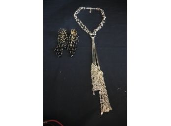 Vintage Lois Ann Fashion Earrings & Chain Link Tassel Necklace By Chicos