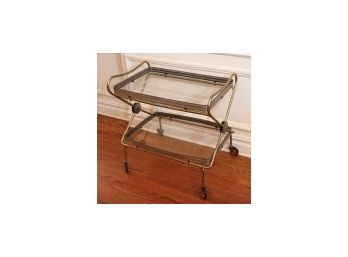 Vintage Brass Finished Bar Cart With Gallery Rail, Casters And Floral Detail On Side