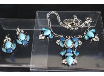 Chicos Fun Fashion Statement Necklace With Turquoise Marine Colored Stones & Matching Earrings