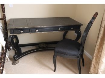 Quality Writing Desk With Leather Top By Century In A Black And Gold Finish Includes Chair
