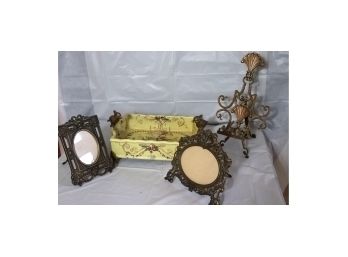 Quality Painted Floral Asian Tray With Brass Bird Handles & Decorative Metal Frames