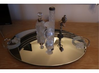 Vanity Tray With Frosted Glass & Mirrored Bottom Includes Decorative Perfume Bottles