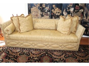 Elegant Sofa With Gold Colored Scrolled Floral Fabric & Decorative Nail Head Detail Along The Edges