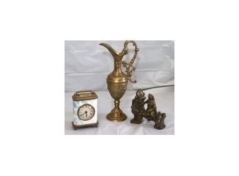 Decorative Clock By Twos Company With Heavy Metal Brass Finished Pitcher & Brass Victorian Style Bookend