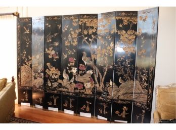 Gorgeous 8 Panel Double Sided Wood Screen With Amazing Asian Artwork & Detail On Both Sides