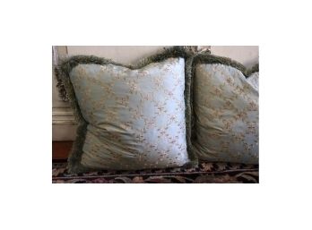Set Of Quality Blue & Gold Decorative Pillows With Stitched Floral Leaf Pattern And Fringes