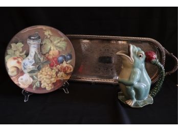 Etched Serving Tray By English Silver MFG With Decorative Plate By Ceraplay & Frog Pitcher