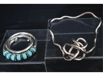 Fun Stylish Snake Like Twist Necklace & Bendable Bracelet With Turquoise Colored Beads