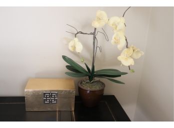 Decorative Faux Orchid Plant And Gold Painted Wood Box With Asian Emblem