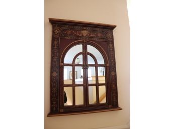 Decorative Stenciled Window Pane Style Wall Mirror With Scrolled Design Along The Edges