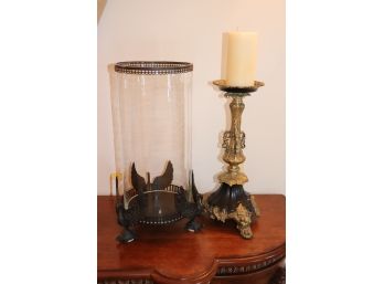 97.Decorative Brass Candlestick & Hurricane Style Candle Holder With Ornate Bird/ Turtle Feet Detail