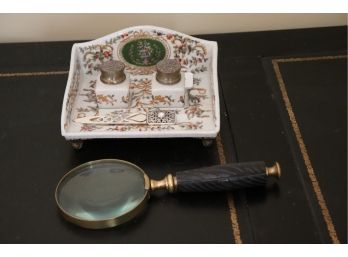 Vintage Magnifying Glass With Decorative Inkwell Set & Hair Pin