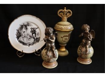 Brass Cherub Figurines With Covered Urn & Decorative Plate