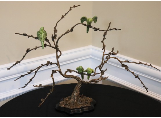 Bronze Finish Metal Tree Sculpture With Green Painted Birds & Black Metal Base