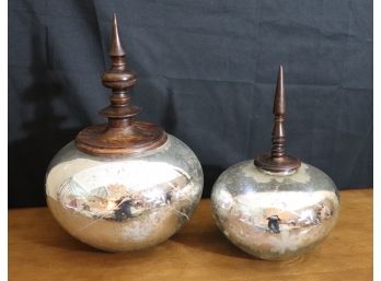 Pair Of Oversized Vintage Looking Mercury Glass Vessels With Wood Spindle Tops