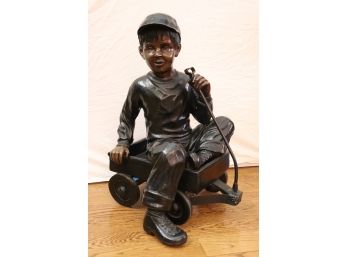 Large Bronze Sculpture Of Boy In Wagon - Signed Olivier