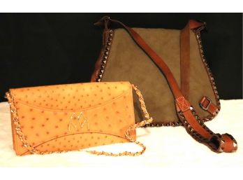 Studded Leather & Waxed Canvas Crossbody & Ostrich Leather Clutch With Chain Shoulder Strap