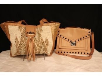 Pair Of Unique Boho Chic Natural Colored Leather Bags  Knit Front Tote & Studded Shoulder Bag