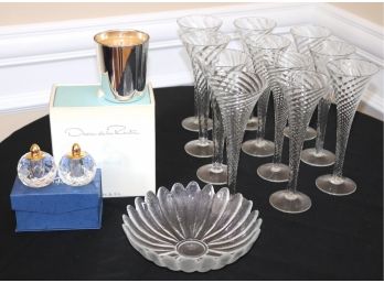 Rosenthal Scalloped Edge Glass Bowl, 11 Hand Blown Twisted Champagne Flutes & More