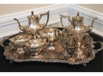 Antique Monogrammed Gorham Sterling Silver 8 Piece Tea Set With Sheridan Silver Plate Tray