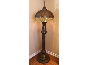 Vintage Moroccan Style Brass Floor Lamp With Engraving & Pierced Brass Shade With Beaded Fringe
