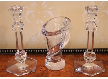 Quality Pair Of Val St Lambert Crystal Candlesticks & Vannes Crystal Vase