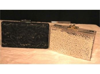 Pair Of Unique Evening Clutch Handbags  Lucite With Movable Beads & Black Lace Embellished