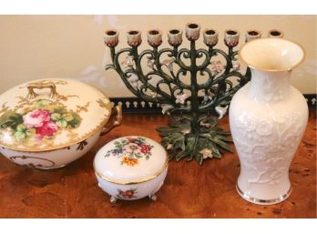 Jay Strongwater Style Enamel Menorah, 2 Limoges France Hand Painted Porcelain Covered Pieces & More