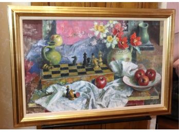 Still-life Painting On Canvas, Hungarian Listed Artist Kontuly Bela Gold Leafed Frame