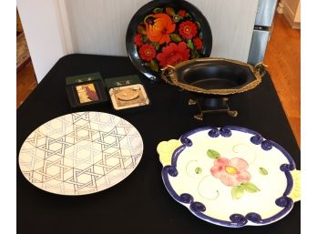 Assorted Lot Of Decorative Serving Pieces  Platters, Footed Bowl & Boxed Coasters