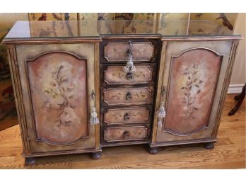 Hand Painted Peter Andrews Style Console/Credenza Cabinet With Custom Cut Glass Top