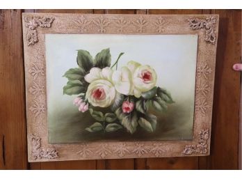 Vintage Style Antiqued Finish Decorative Wall Art Plaque With Hand Painted Rose Blossoms