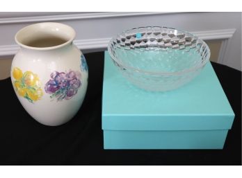 Tiffany & Co Faceted Crystal Bowl With Original Box And Tiffany & Co Tiffany Blossom Porcelain Vase
