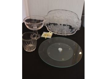 Eclectic Lot Of Assorted Glass Serving Pieces  Modern Glass Lazy Susan, Mikasa Rose Etched Serving Platte
