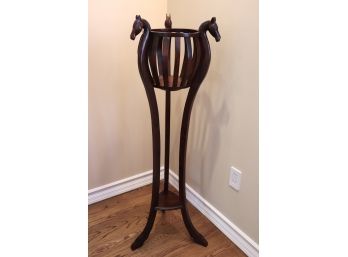 Unique Wood Plant Stand With 3 Carved Horse Head Topped Legs