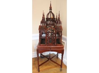 Vintage Hand Crafted Wooden Cathedral Bird Cage With Stand