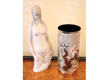 Fine Porcelain Bisque Lladro Nude Bust & Japanese Style Silver Finish And Enamel Vase